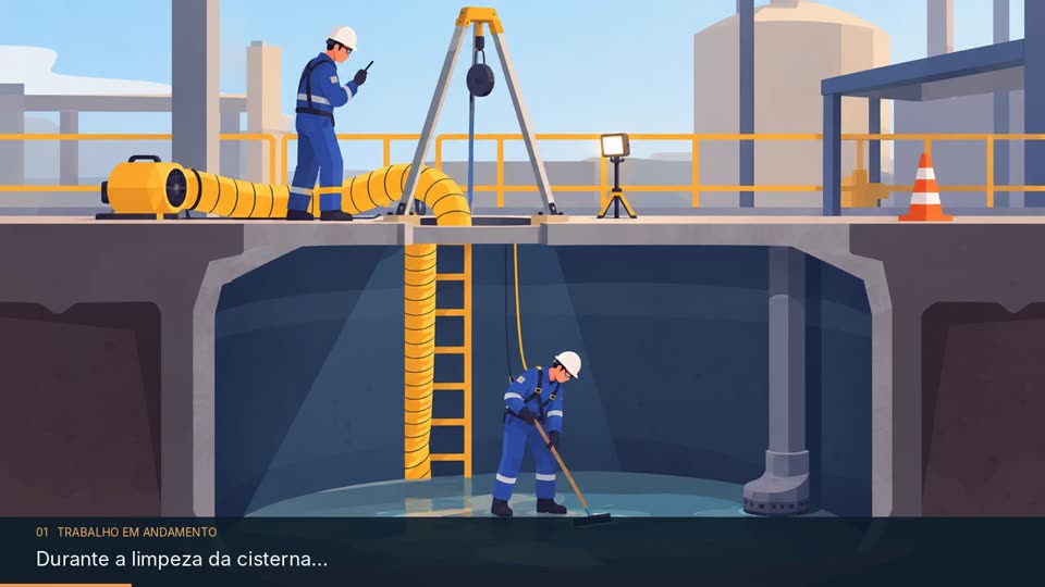 Trabalhadores junto à cisterna em cenário ilustrado; assista ao vídeo para acompanhar a história.